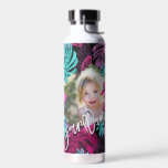 Cute Cool Tropical | Custom Photo and Script Text Water Bottle<br><div class="desc">Create your own custom Photo and Script Text Water Bottle with this modern and trendy template featuring your personalized photo, a modern calligraphy text where you can add motivational quote, kids name or any custom text, and a cool hawaiian leaves background in black, pink and blue. Any colour, any font,...</div>