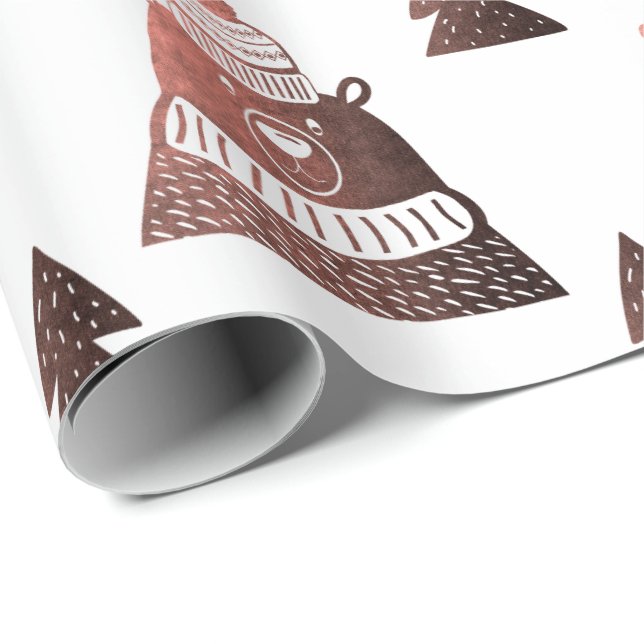 Cute copper rose gold Christmas tree bear pattern Wrapping Paper (Roll Corner)