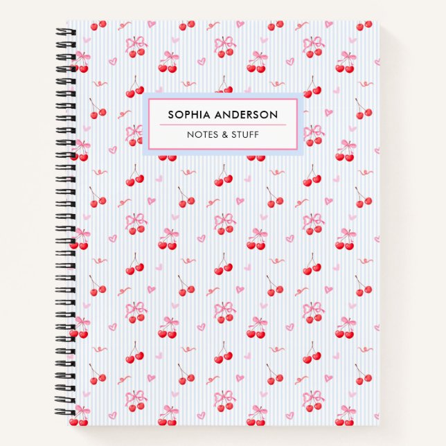 Cute Coquette Aesthetic Cherries Bows Personalized Notebook (Front)