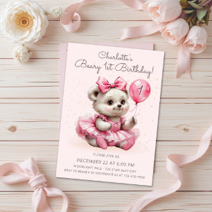 Cute Coquette Ballerina Bear Beary 1st Birthday Invitation
