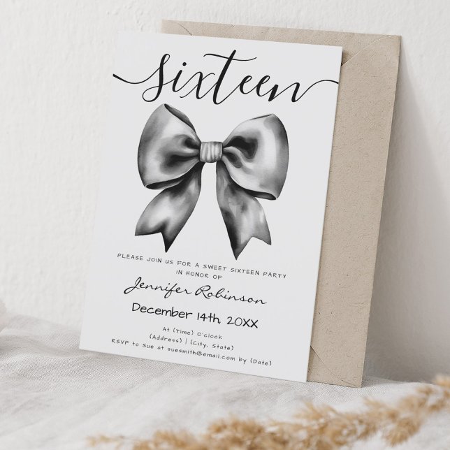 Cute Coquette Black Bow Sweet 16 Birthday Invitation (Creator Uploaded)