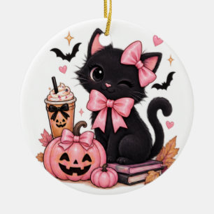 Cute Coquette Black Cat Halloween with Pink Bows  Ceramic Ornament