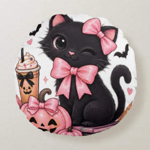 Cute Coquette Black Cat Halloween with Pink Bows  Round Pillow