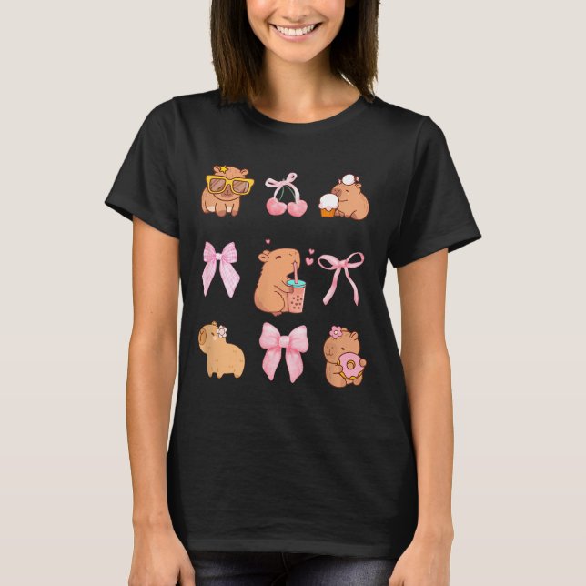 Cute Coquette Bow Capybara Pajamas Pjs Clothes Gir T-Shirt (Front)