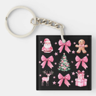 Cute Coquette Bow Pink Christmas Santa Gingerbread Keychain