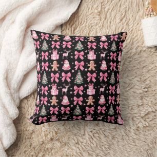Cute Coquette Bow Pink Christmas Santa Gingerbread Throw Pillow