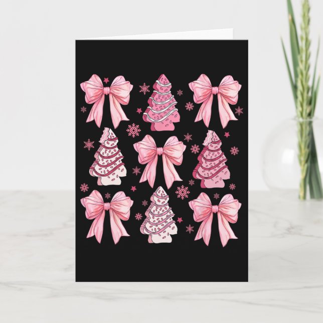 Cute Coquette Bow Pink Christmas Tree Cake Funny X Card (Front)