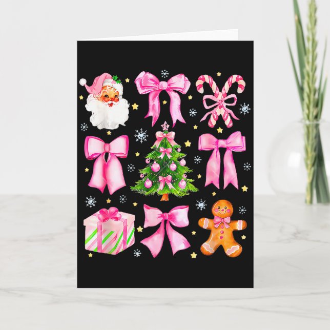Cute Coquette Bow Pink Christmas Tree Santa Ginger Card (Front)
