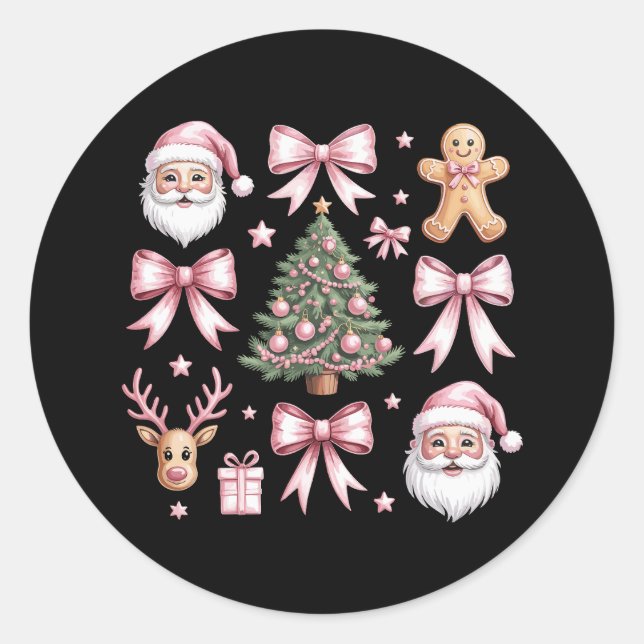 Cute Coquette Bow Pink Christmas Tree Santa Ginger Classic Round Sticker (Front)