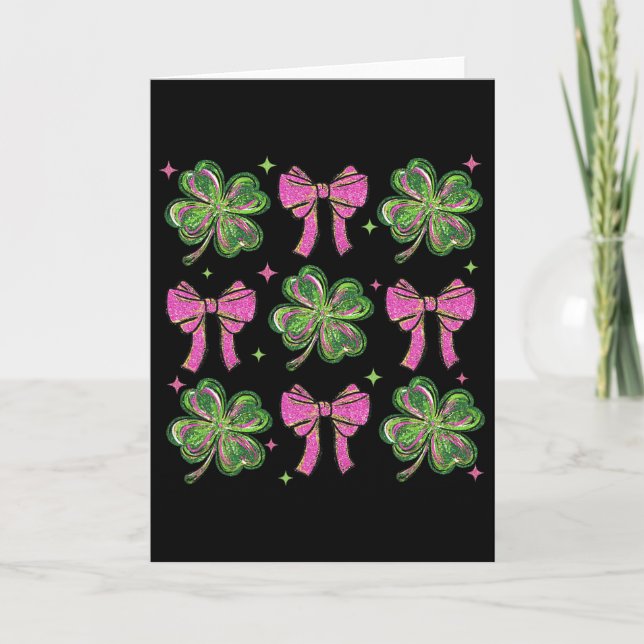 Cute Coquette Bow Shamrock Clover St Patricks Day  Card (Front)