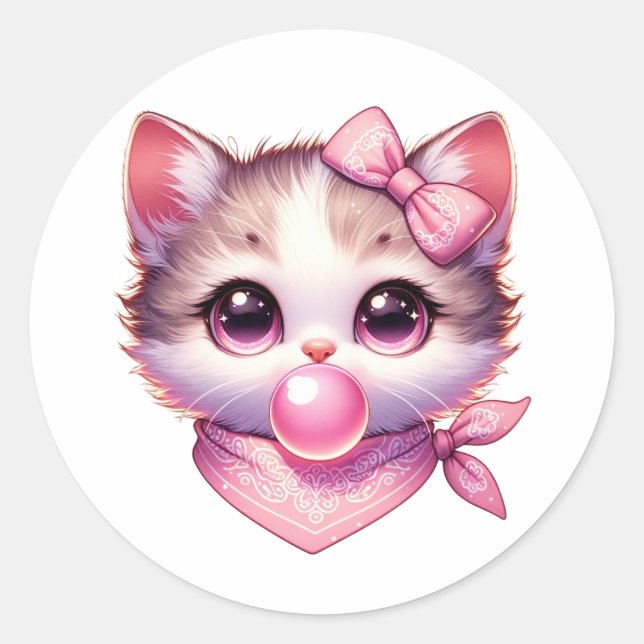 Cute Coquette Cat Pink Bow Bandanna Bubble Gum Classic Round Sticker (Front)