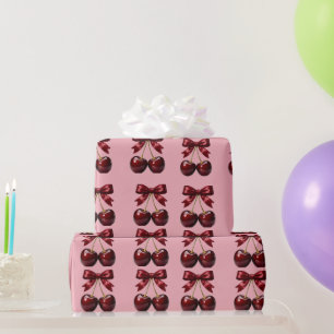 Cute Coquette Cherry and Red Bows Pink Wrapping Paper