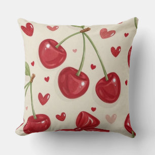 Cute Coquette Cherry and Red Ribbon Bows Seamless Throw Pillow