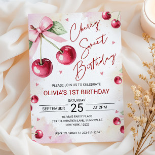 Cute Coquette Cherry Sweet Birthday Invitation