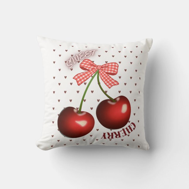 ​Cute Coquette Cherry with Pink Gingham Bow T-Shir Throw Pillow (Front)