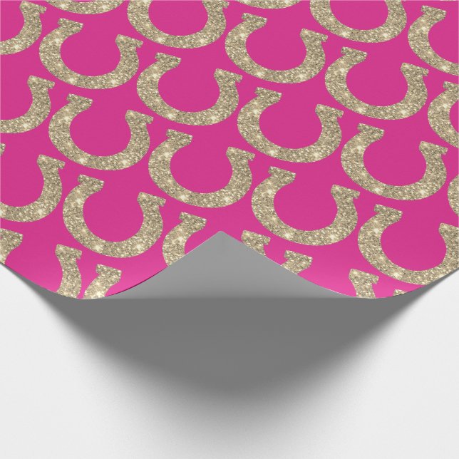 Cute Coquette Cowgirl Horseshoe Hot Pink Glitter Wrapping Paper (Corner)