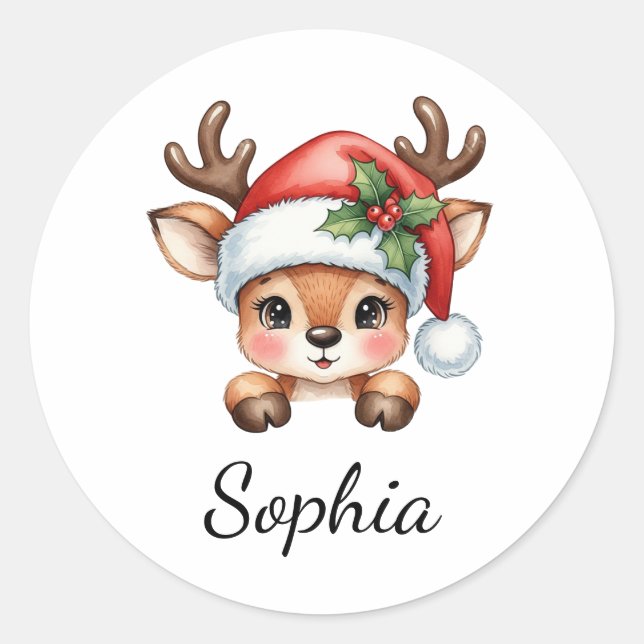 Cute Coquette Floral Christmas Reindeer Classic Round Sticker (Front)