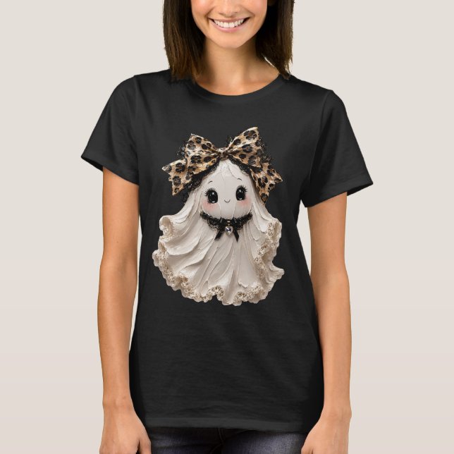 Cute Coquette Ghost Halloween Leopard bow T-Shirt (Front)
