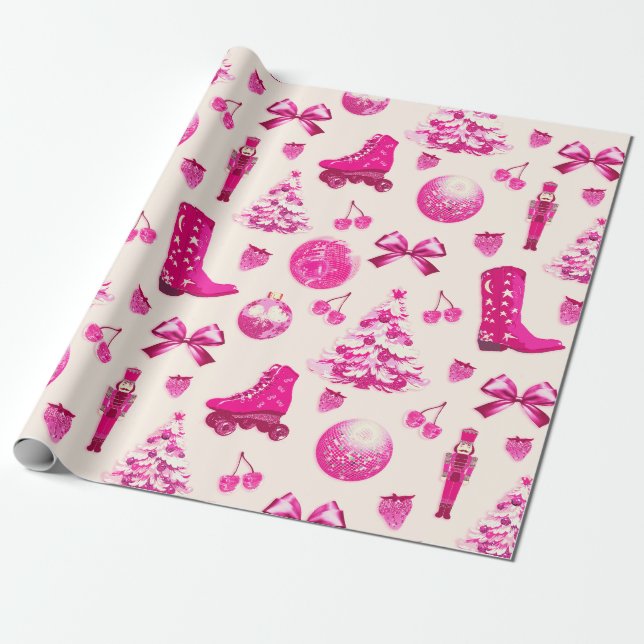 Cute Coquette Girly Preppy Pink Christmas  Wrapping Paper (Unrolled)