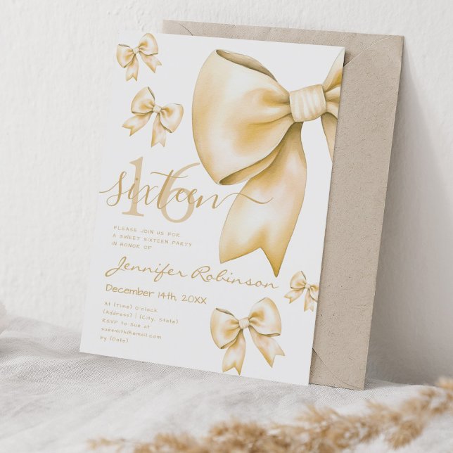 Cute Coquette Gold Bow Sweet 16 Birthday Party  Invitation (Cute Coquette Gold Bow Sweet 16 Birthday Party Invitation)