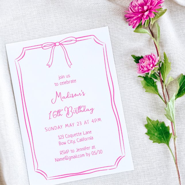 Cute Coquette Hand Drawn Bow Whimsical Birthday  Invitation (Creator Uploaded)