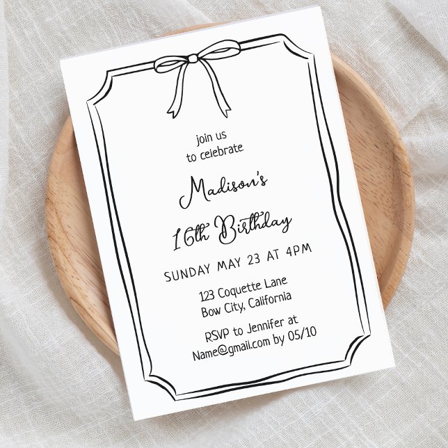 Cute Coquette Hand Drawn Bow Whimsical Birthday Invitation (Creator Uploaded)