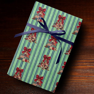 Cute coquette patchwork christmas trees striped wrapping paper