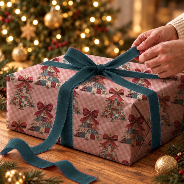 Cute Coquette Patchwork Gingham Christmas Trees Wrapping Paper (Creator Uploaded)