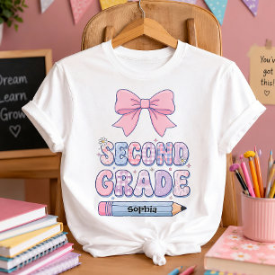 Cute Coquette Pink Bow Personalized Second Grade T-Shirt