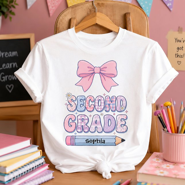 Cute Coquette Pink Bow Personalized Second Grade T-Shirt (Creator Uploaded)