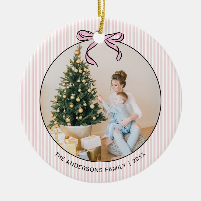 Cute Coquette Pink Bow Photo Christmas  Ceramic Or Ceramic Ornament (Front)