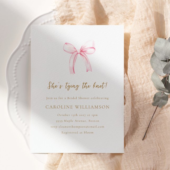 Cute Coquette Pink Bow Tying Knot Bridal Shower Invitation (Creator Uploaded)