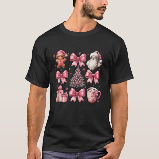 Cute Coquette Pink Christmas Bow Gingerbread Man X T-Shirt (Front)