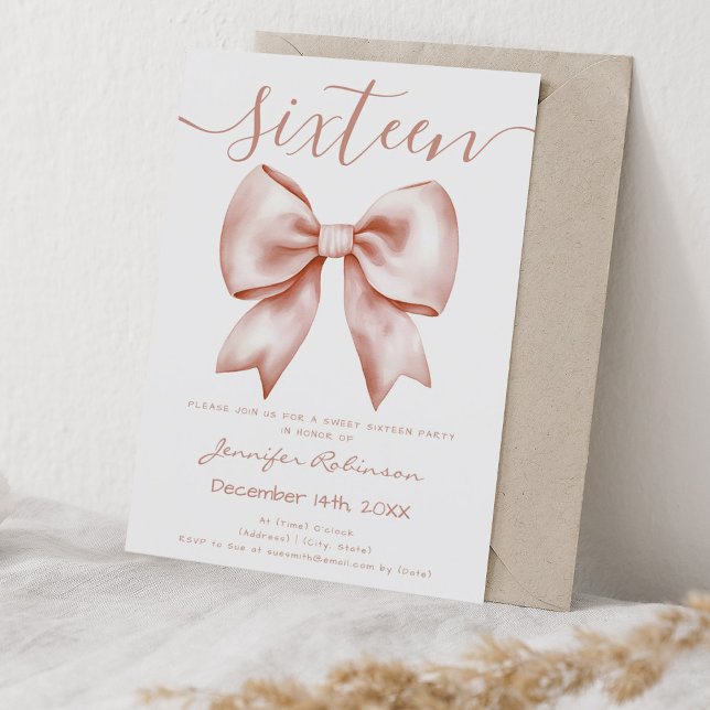 Cute Coquette Rose Gold Bow Sweet 16 Birthday Invitation (Cute Coquette Rose Gold Bow Sweet 16 Birthday Invitation)