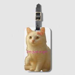 Cute Coquette White Cat "I'm Just a Girl"  Luggage Tag