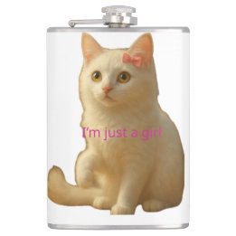 Cute Coquette White Cat I'm Just a Girl Pink Bow Hip Flask
