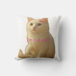 Cute Coquette White Cat I'm Just a Girl Pink Bow Outdoor Pillow