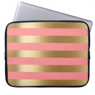 Cute Coral and Gold Stripe Laptop Sleeve