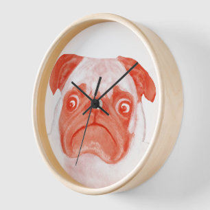 Cute Coral and Pink Grumpy Pug Face  Wall Clock