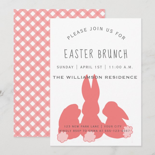 Cute Coral Easter Bunnies |  Brunch Invitation (Front/Back)