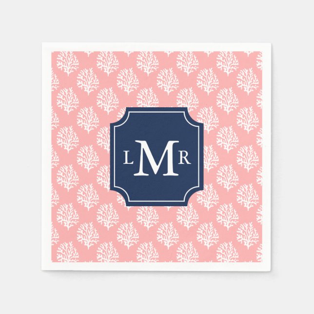 Cute Coral Pattern and Blue Monogram Napkin (Front)