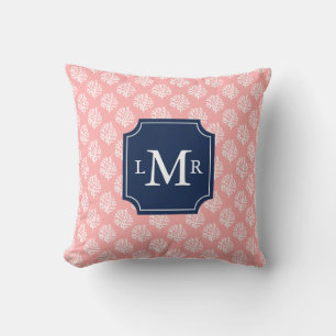 Cute Coral Pattern and Blue Monogram Throw Pillow