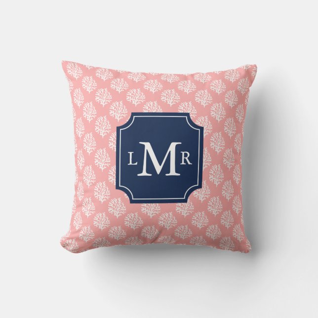 Cute Coral Pattern and Blue Monogram Throw Pillow (Front)