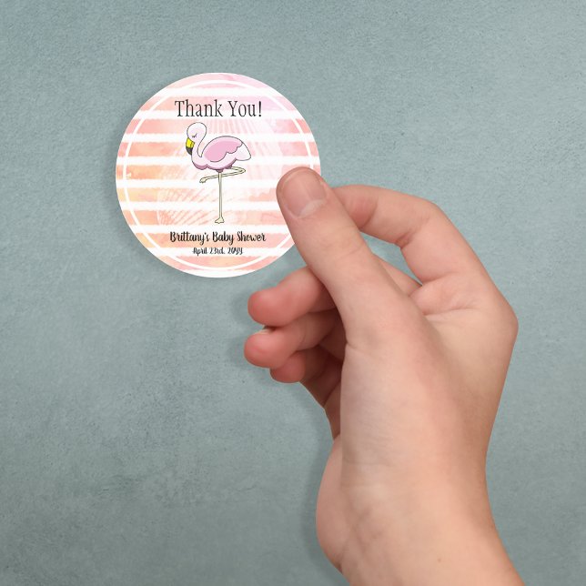 Cute Coral Peach Striped Flamingo Thank You Classic Round Sticker (Creator Uploaded)