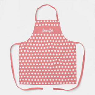 Cute Coral Pink And White Polka Dots Name Baking Apron