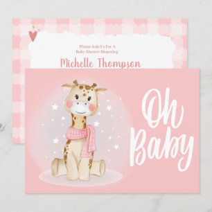 Cute Coral Pink Giraffe Baby Shower Invitation