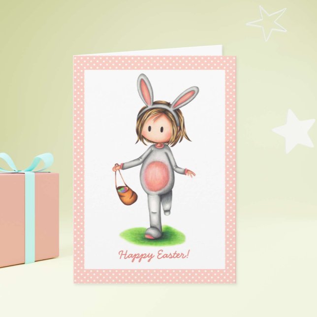 Cute Coral Pink Girl in Bunny Suit Easter Card (Creator Uploaded)