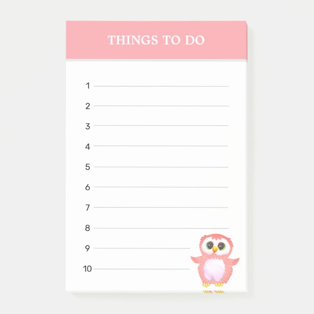 Cute Coral Pink Owl & Editable Things To Do Post-it Notes (Front)