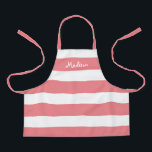 Cute Coral Pink White Stripes Kids Personalized Apron<br><div class="desc">Your child will love crafting or helping you cook in this Cute Coral Pink White Stripes Kids Personalized Apron.  This modern design has wide horizontal stripes on all-over-print apron and name is in white whimsical lettering across the top.
CLICK PERSONALIZE TEMPLATE OPTION AND ENTER NAME</div>