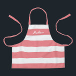 Cute Coral Pink White Stripes Kids Personalized Apron<br><div class="desc">Your child will love crafting or helping you cook in this Cute Coral Pink White Stripes Kids Personalized Apron.  This modern design has wide horizontal stripes on all-over-print apron and name is in white whimsical lettering across the top.
CLICK PERSONALIZE TEMPLATE OPTION AND ENTER NAME</div>